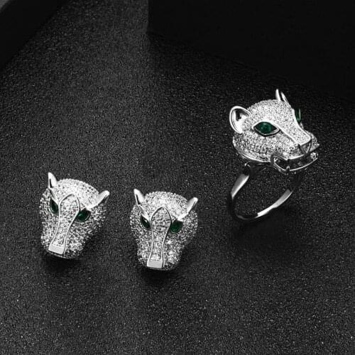 Zlxgirl 2021 hot sale leopard shape Earring with ring jewelry sets AAA zirconia wedding earring finger ring sets couple bijoux
