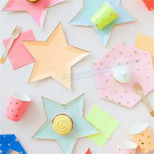 64pcs Jazzy Star Paper Plates Assortment Color Blue Mint Yellow Orange Red Pink Party Supplies Tableware Summer Party Theme