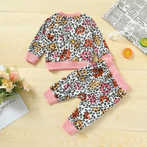 Baby Leopard Print Clothes Set, Girls Long Sleeve O-neck T-shirt + Drawstring Waist Trousers