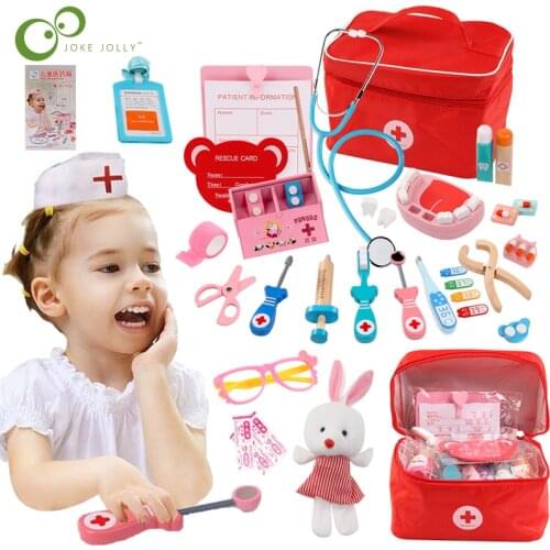 Kids Toys Doctor Set for Kids Children Kit Games for Girls Boys Pretend Play Wood Red Medical Dentist Medicine Box Cloth Bag ZXH