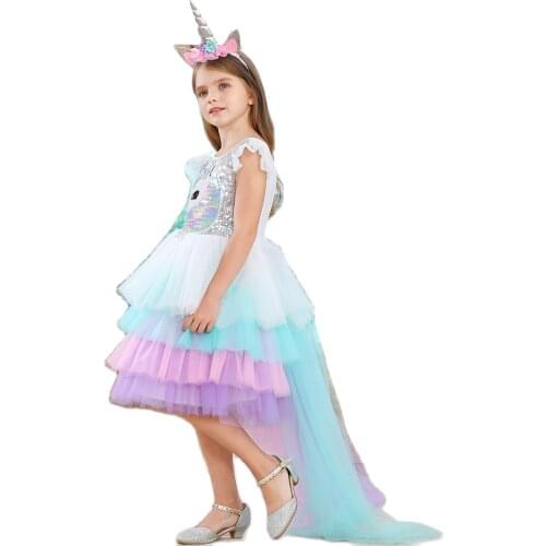 Children Sequined Layered Ruffles Unicorn Party Girl Dress with Tail Kids Princess Colorful Backless Shining Horse Girls Clothes
