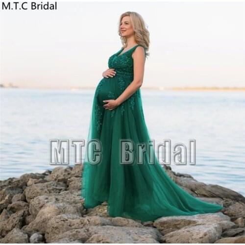 Elegant Green Long Formal Evening Dress For Pregnant Women V Neck Lace Up Back Appliques Tulle Plus Size Wedding Party Dresses