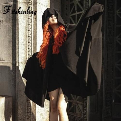 Fitshinling 2020 Fashion Gothic Cloak Oversize Batwing Sleeve Outerwear Harajuku Hooded Black Long Tops Blouses Shirts Women New