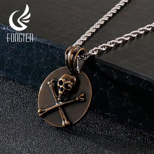 Fongten Vintage Copper Plating Skull Pendant Necklace Stainless Steel Viking Pirate Pendants Necklaces Jewelry