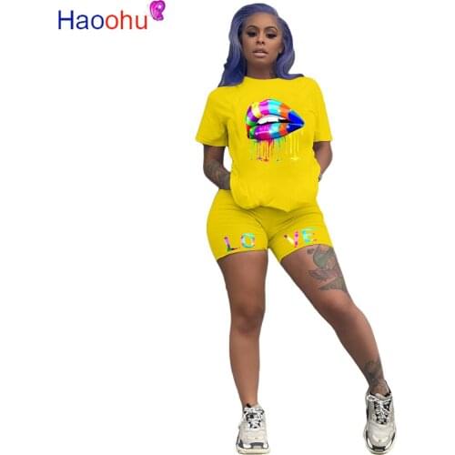 HAOOHU Two Piece Set Women Summer Tracksuit Lips Print Top and Biker Shorts Lounge Wear 2 Piece Outfits Matching Sets