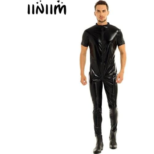 Iiniim Mens Stretchy Faux Leather Short Sleeves Zipper Crotch Full Body Leotard Bodysuit Clubwear Evening Party Men Overalls