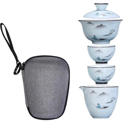 Celadon Chinese Tea Set with Bag Ceramic Portable Teapot Travel Gaiwan Porcelain Tea Cups Office Water Mugs Gift Drinkware