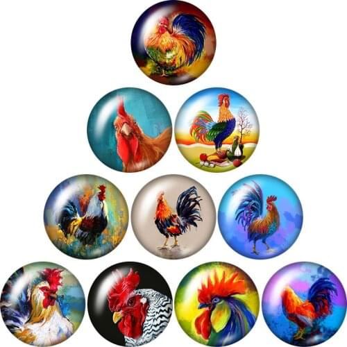 Colorful Oil painting styles animal cock 10pcs 12mm/16mm/18mm/25mm Round photo glass cabochon demo flat back Making findings