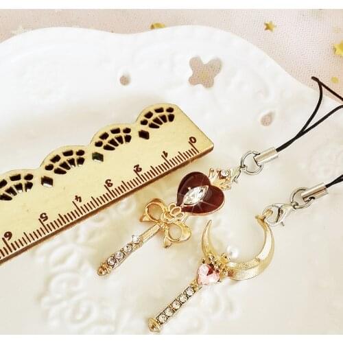 Cute Japanese Cartoon Magic Wand Keychain Luxury Bling Pearl Key Chains Car Keys Bag Decor Phone Charms Beautiful Gifts for Girl