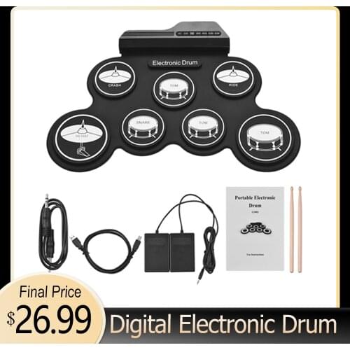 Roll-Up Silicon Drum Set Digital Electronic Drum Kit Compact Size USB with Drumsticks Foot Pedals Music Toys for Beginners Kids
