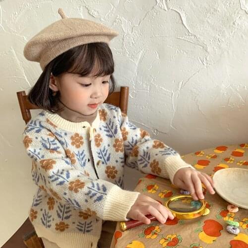 Autumn 2021 New Childrens Cardigan Knitwear Cotton Clothes Baby Kids Outwear Jacket Sweater Tops Girls Floral Knitted Sweater