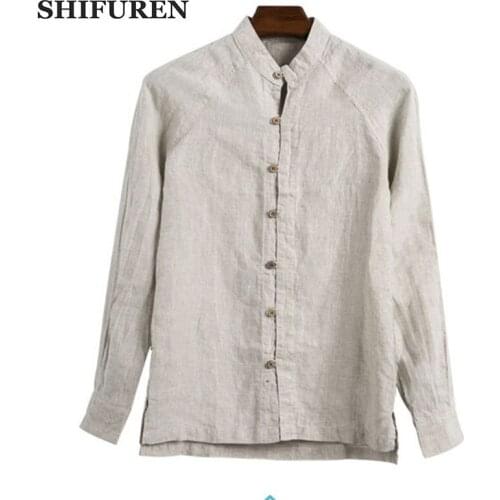 SHIFUREN Summer Breathable 100% Pure Linen Shirts Men Long Sleeve Mandarin Collar Male Causal Shirts Tops Retro Chinese Style