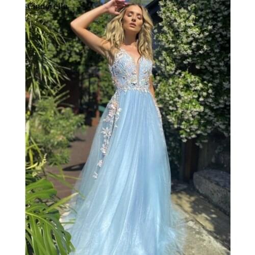 Sexy Prom Dresses Sleeveless Floor Length Sweep Train A-Line Zipper Back V-Neck Tulle Prom Dresses vestidos de fiesta de noche