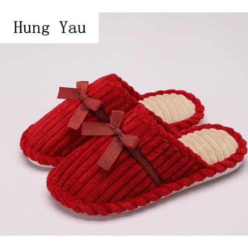 Women Slippers Flips Flops Winter Warm Shoes Butterfly-knot Corduroy Fashion Solid Platform Female Slides Non-slip Flats Indoor