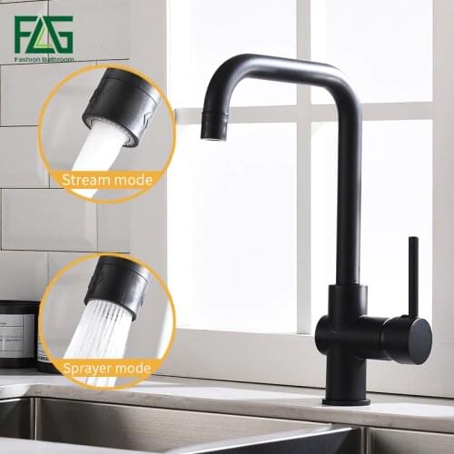 FLG Kitchen Faucets 360 Swivel 2 Function Water Outlet Mixer Black Brass Sinks Faucet Cold Hot Mixer Water Tap 1012-33B