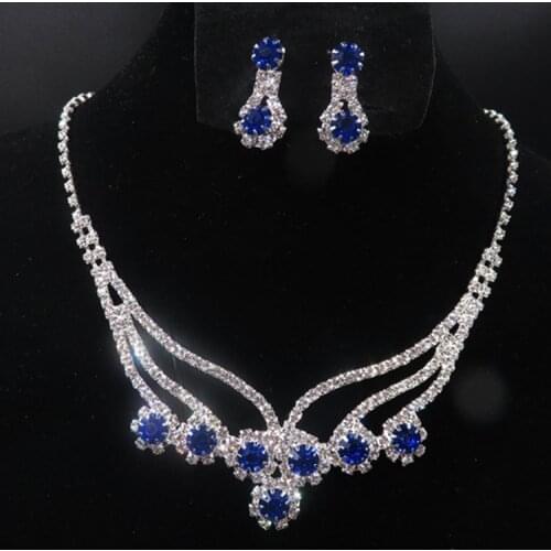 Vintage Female Blue Crystal Jewelry Set Charm Silver Color Flower Dangle Earring For Women Dainty Zircon Wedding Chain Necklace