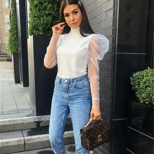 Women Mesh Sheer Blouse See-through Long Sleeve Top Shirt Blouse Fashion Solid Transparent White Shirt Female Blusas