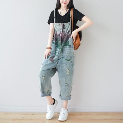 Johnature 2021 Summer New Fashion Patchwork Print Pockets Full Length Jumpsuits Simple Leisure Broken Holes Suspender Jumpsuits
