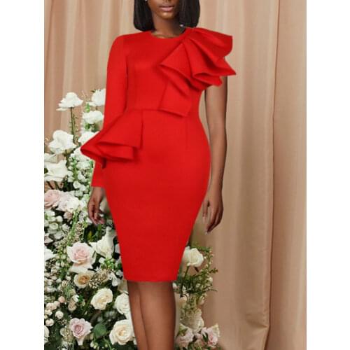 Women Red Dress Bodycon Party Irregular Sleeve Ruffle O Neck Sheath Sexy Celebrate Occasion Christmas African Night Out Birthday