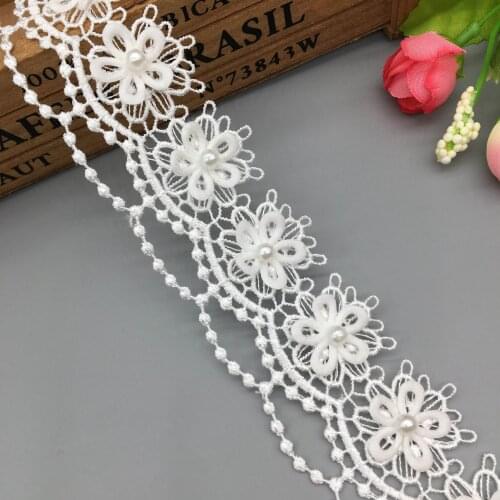 1 yard White 4cm Pearl Beaded Sun Flower Wave Embroidered Lace Trim Ribbon Applique DIY Sewing Craft For Costume Wedding Dress