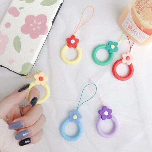 100pcs Cute Cartoon Flower Silicone Finger Ring Mobile Phone Short Strap Phone Key Chain Lanyards for iPhone Samsung