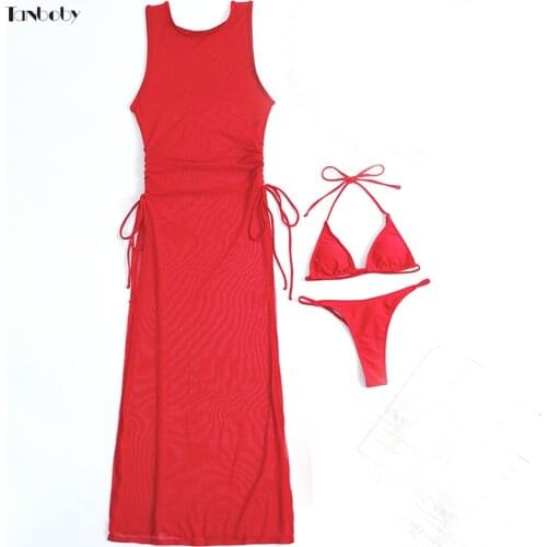 3 Pieces Beach Swimsuits Summer Push Up Swimwear Bathing Suit Women Long Skirt Transparent Cover Up Solid Sexy Bikinis 2021
