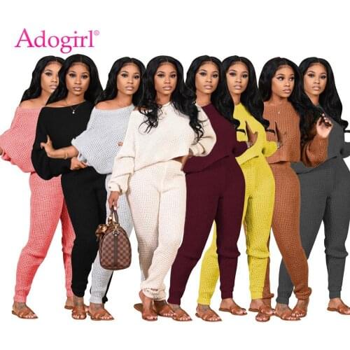 Adogirl Solid Knitted Loose Casual Two Piece Set Autumn Winter Long Batwing Sleeve Top Pencil Pants Tracksuit Sweater Suit