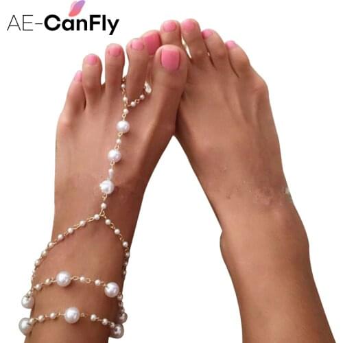 AE-CANFLY 1 PC Bridal Barefoot Sandals Pearl Multi-Layer Anklet Wedding Beach Foot Jewelry 1K3022