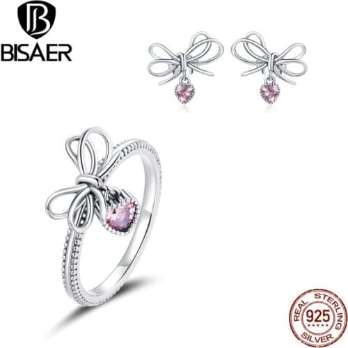 BISAER Real 925 Sterling Silver Bow Pink CZ Rings & Earrings For Women Engagement Fine S925 Jewelry Sets