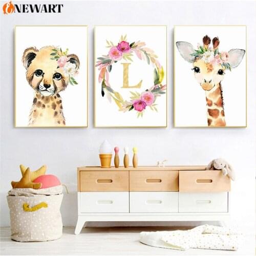 Baby Animal Canvas Wall Art Nursery Kids Room Painting Poster Print Flora Leopard Zebra Giraffe Decoraiton Picture Child Bedroom