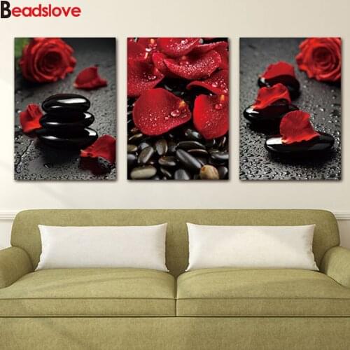 Home art,stone Flower Red Rose diamond painting 3 Pieces,5d diy diamond embroidery full square round drill 3 d diamond mosaic
