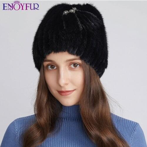 ENJOYFUR Winter Natural Mink Fur Hats Women Warm Thick Lined Fur Knitted Caps Fashion Russia Female Rhinestone Flower Beanie New