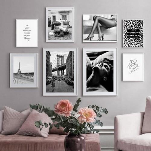 Black White Paris Photography Painting Leopard Road Sign Sexy Lady Fashion Wall Art Picture Salon Decoration Poster Canvas Print