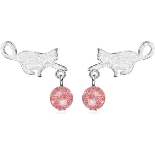 KOFSAC New Fashion Silver 925 Stud Earrings For Women Cute Little Cat Pink Crystal Earring Female Valentines Day Jewelry Gifts