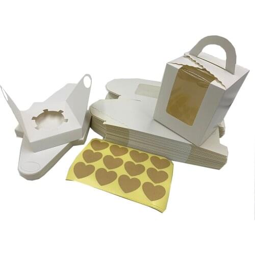 Cupcake Boxes 50 Pcs Single Cupcake Carrier with Window Insert Handle Cake Holders with Stickers for Party Wedding Candy