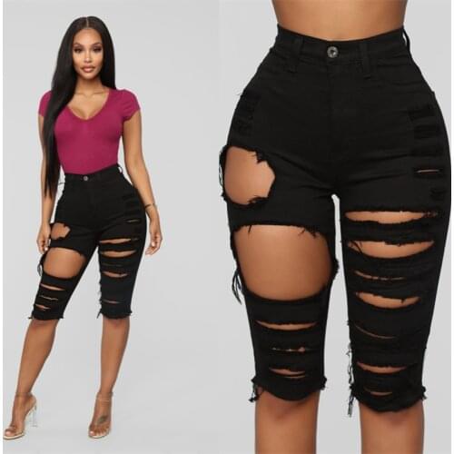 Summer Torn Frayed Half Jean Shorts Women Casual Biker Denim High Waist Ripped Hole Hollow Out Jeans Skinny Stretch Fifth Pants