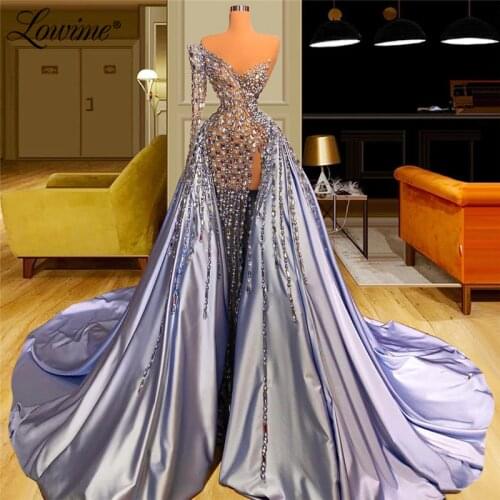 Lowime 2021 See Through Heavy Beading Dubai Evening Dresses Crystals Long Prom Dress Robe De Soiree Illusion Celebrity Dresses