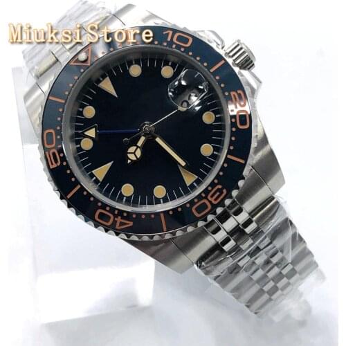 Bliger 40mm mens top luxury warch silver case sapphire glass ceramic bezel blue dial GMT date window automatic watch mens gift