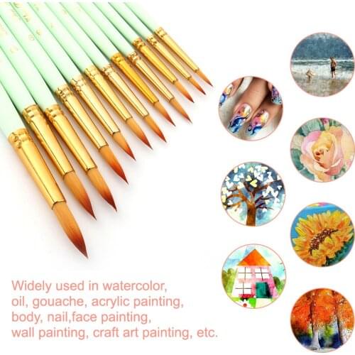 12pcs Professional Artist Paintbrush Set Round Pointed Tip Paint Brushes Durable Nylon Hair Wooden Handle for Acrylic Oil