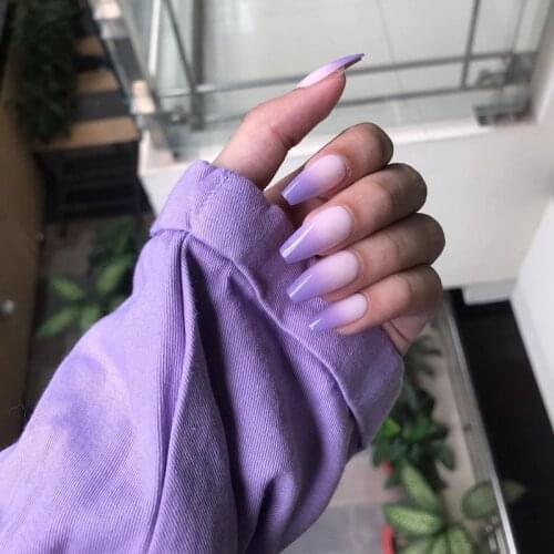 Ombre Coffin Faux Ongles French Manucure Purple Long Fake Nail Ballerina Artificial Full Cover Impress Press On Nails False Tips
