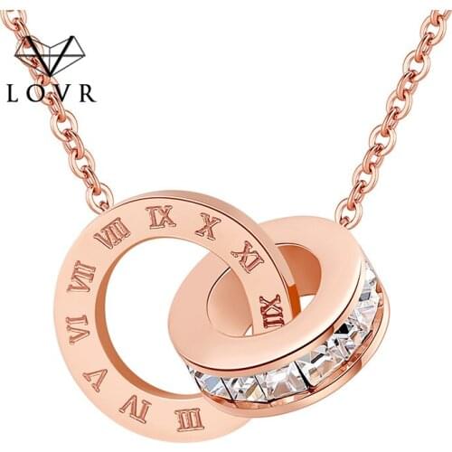 LOVR New Circle Crystal Roman Numerals Double Buckle Woman Necklace Female Titanium Steel Gold Clavicle Necklace Pendant Jewelry