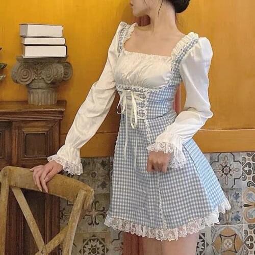 Sweet Girl French Vintage Gentle Fairy Lace Dress Square Collar Puff Sleeve Bandage Elegant Kawaii Woman Cute Lolita Plaid Dress
