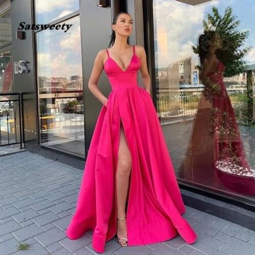 Simple Long Prom Dress With Pockets V-neck Front Split Fuchsia Satin Formal Party Dress 2021 Sexy Spaghetti Straps Prom Gowns