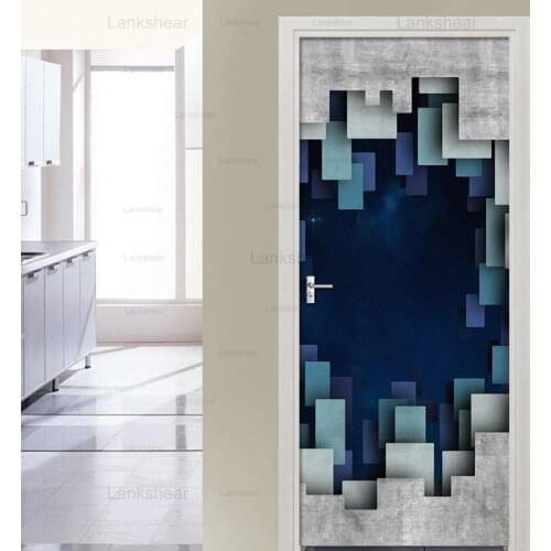 Diy Pvc Self-Adhesive 3D Door Sticker Waterproof Removable Creative Geometric Space Art Wallpaper Living Room Door Decals Decor