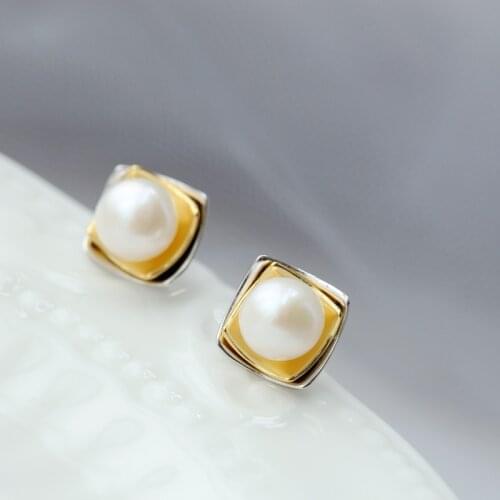 Authentic 925 Sterling Silver Inlaid Natural Freshwater Pearl Fashion Handwork Creative Idea Stereoscopic Square Silver Earring