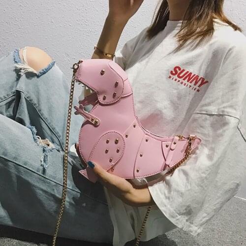Pink Dinosaur Rivet Messenger Chain Shoulder Bag Sweet Cute Girl Pink Bag Handmade Small Quality Travel Bags Crossbody Bags