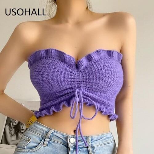 USOHALL New Drawstring Chest Wrapping Women Tops Summer Women Sexy Fungus Lace Knit Tank Top