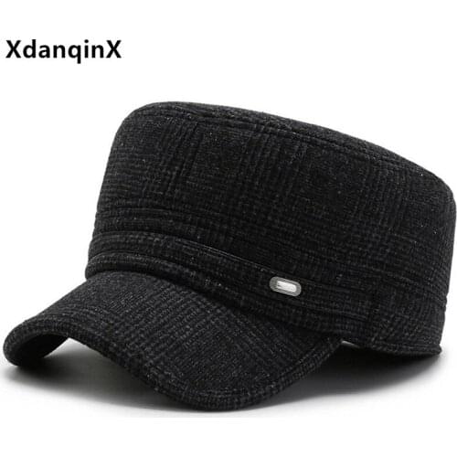 XdanqinX Winter Mens Warm Military Hats Navy Hat Adjustable Size Casual Sports Cap Snapback Cap Middle-aged Dads Earmuffs Caps