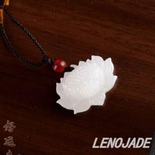 Vivid Hand-carved Lotus Flower Natural Pure White Jade Jadeite Pendant Necklace / new Add green options
