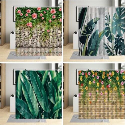 Green Leaf Shower Curtains Spring Flower Plant Vine Scenery Bathroom Decor Home Bath Polyester Cloth Hanging Curtain With Hooks